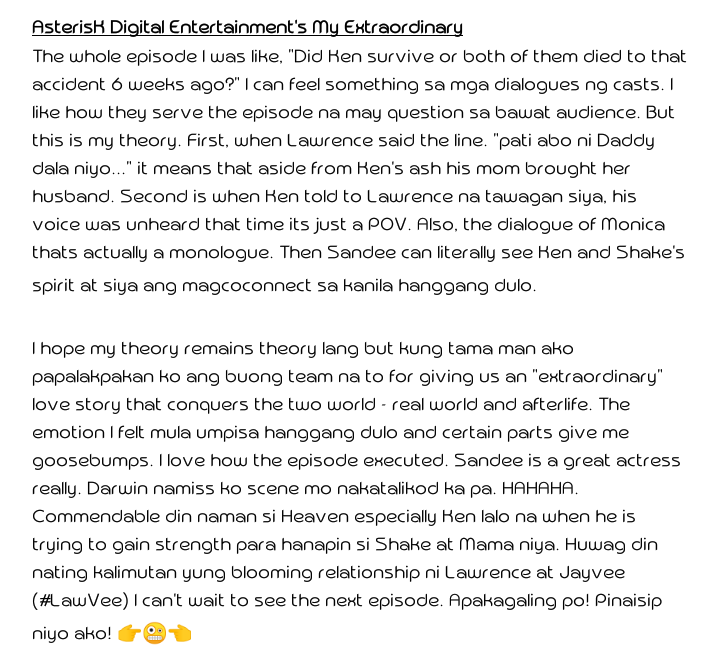 JanKeerbee's tweet photo. Mind blowing episode. Too many questions that need an answer! Kudos @asterisk_ph! @DarwinYu_PH pinakita ka na nga lang likod pa. @21_enz papalot dapat din ng damit. @keijeerou burn mo si @karissadnne! #MyExtraordinaryEp6 https://t.co/9JSAE32x2d