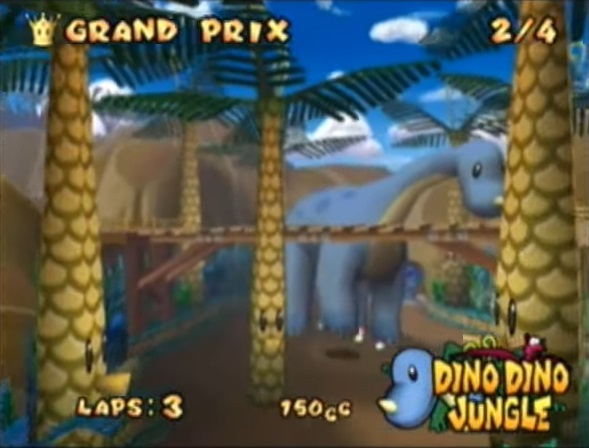 The race track Dino Dino Jungle from Mario Kart: Double Dash!! has been interpreted as a Diddy Kong Racing tribute by some fans. It's a jungle full of dinosaurs and old ruins and Diddy is often associated with it. 18/28 #MarioKartDoubleDash  #DiddyKong