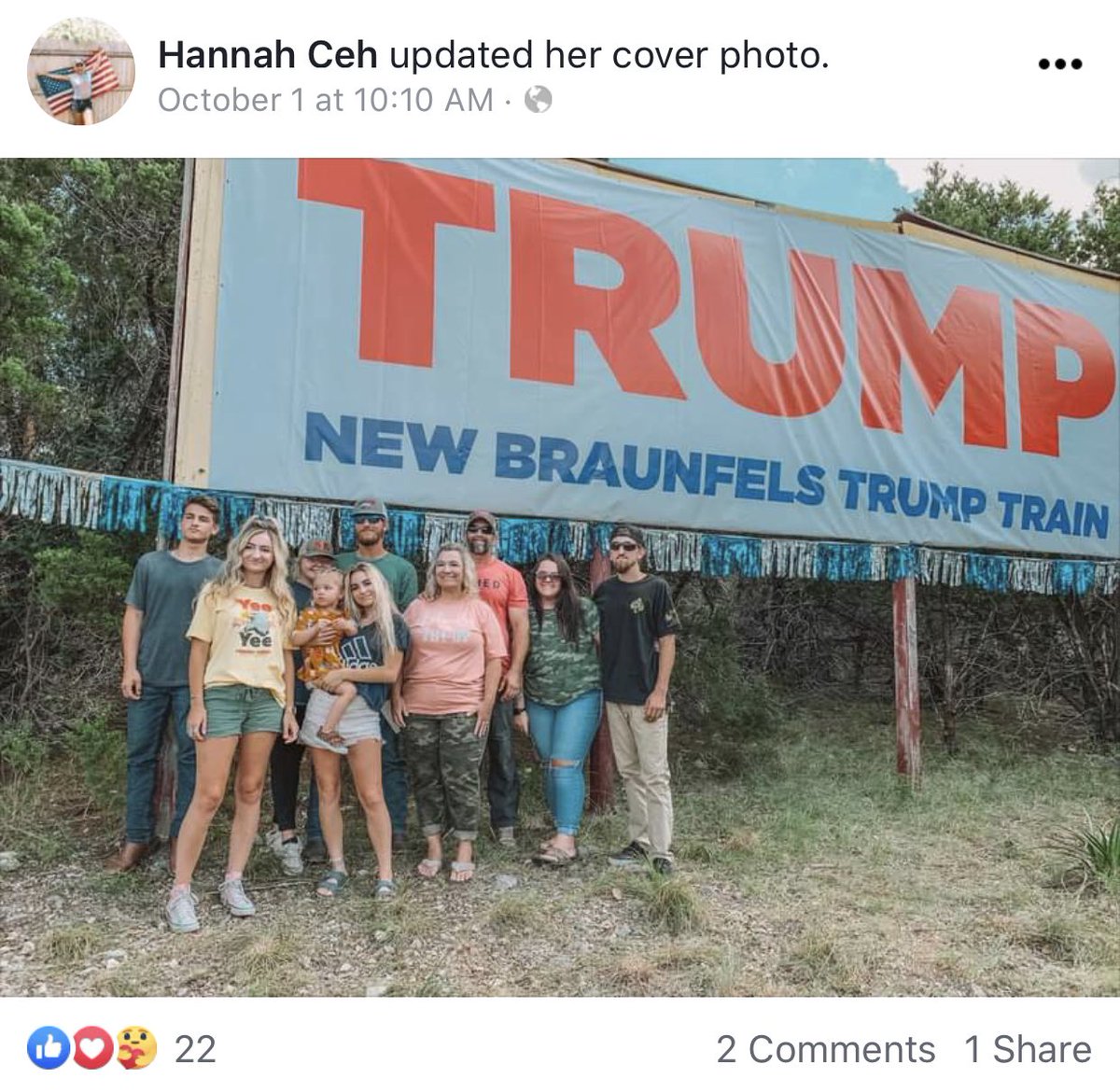 Here’s a pic of Hannah Ceh under a “New Braunfels Trump Train” sign.