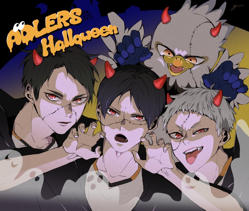 red eyes multiple boys male focus horns tongue halloween claw pose  illustration images