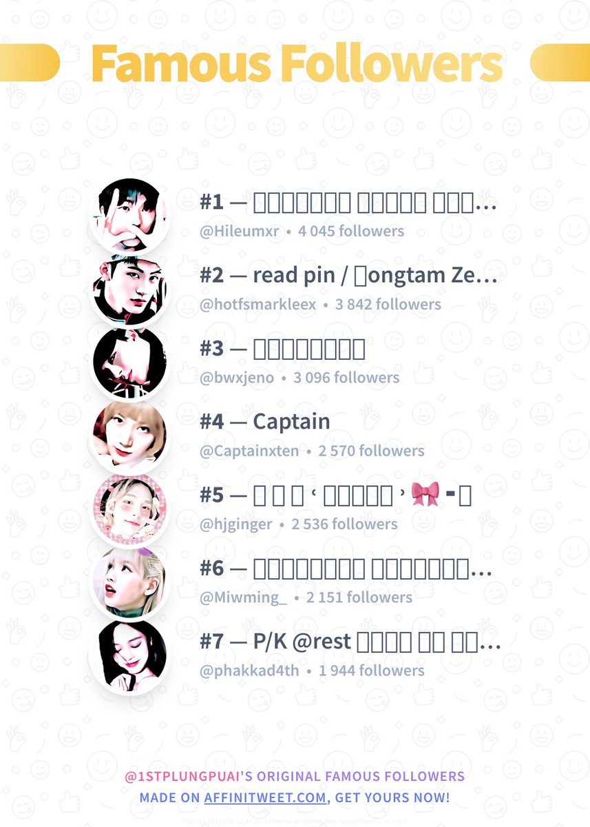 ✨ Famous Followers

🥇 <a href="/Hileumxr/">123</a>
🥈 @hotfsmarkleex
🥉 @bwxjeno
🏅 <a href="/Captainxten/">close</a>
🏅 @hjginger
🏅 <a href="/Miwming_/">M!</a>
🏅 <a href="/phakkad4th/">phakkad</a>

➡️ affinitweet.com/famous-followe…