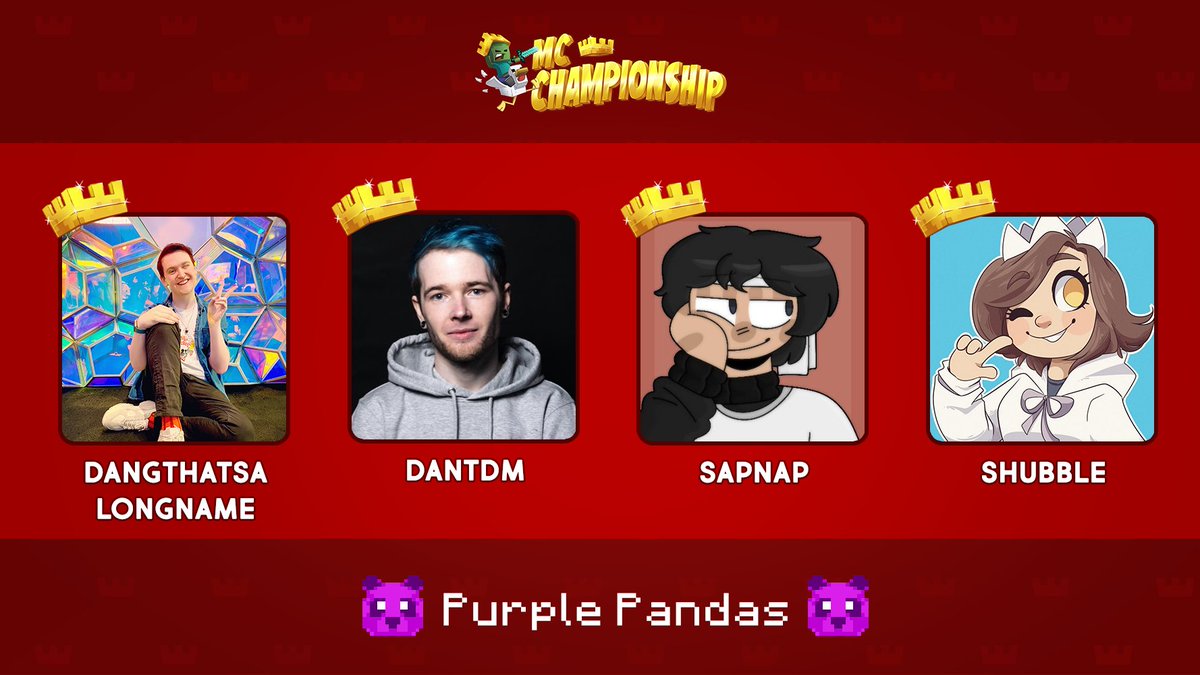 MCChampionship_'s tweet image. 👑 Announcing Team Purple Pandas! 👑

@Smajor1995 @dantdm @sapnap @shelbygraces

Watch them compete in the MC Championship on Saturday 14th November 8pm GMT!