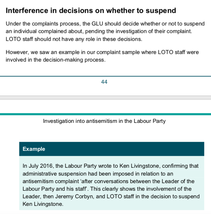 For example, when Jeremy Corbyn's LOTO was consulted on Ken Livingstone—in order to suspend him (a detail which rather ruins the usual narrative)—that was political interference, according to the EHRC. Remember, Labour has briefed that Starmer was consulted on Corbyn.