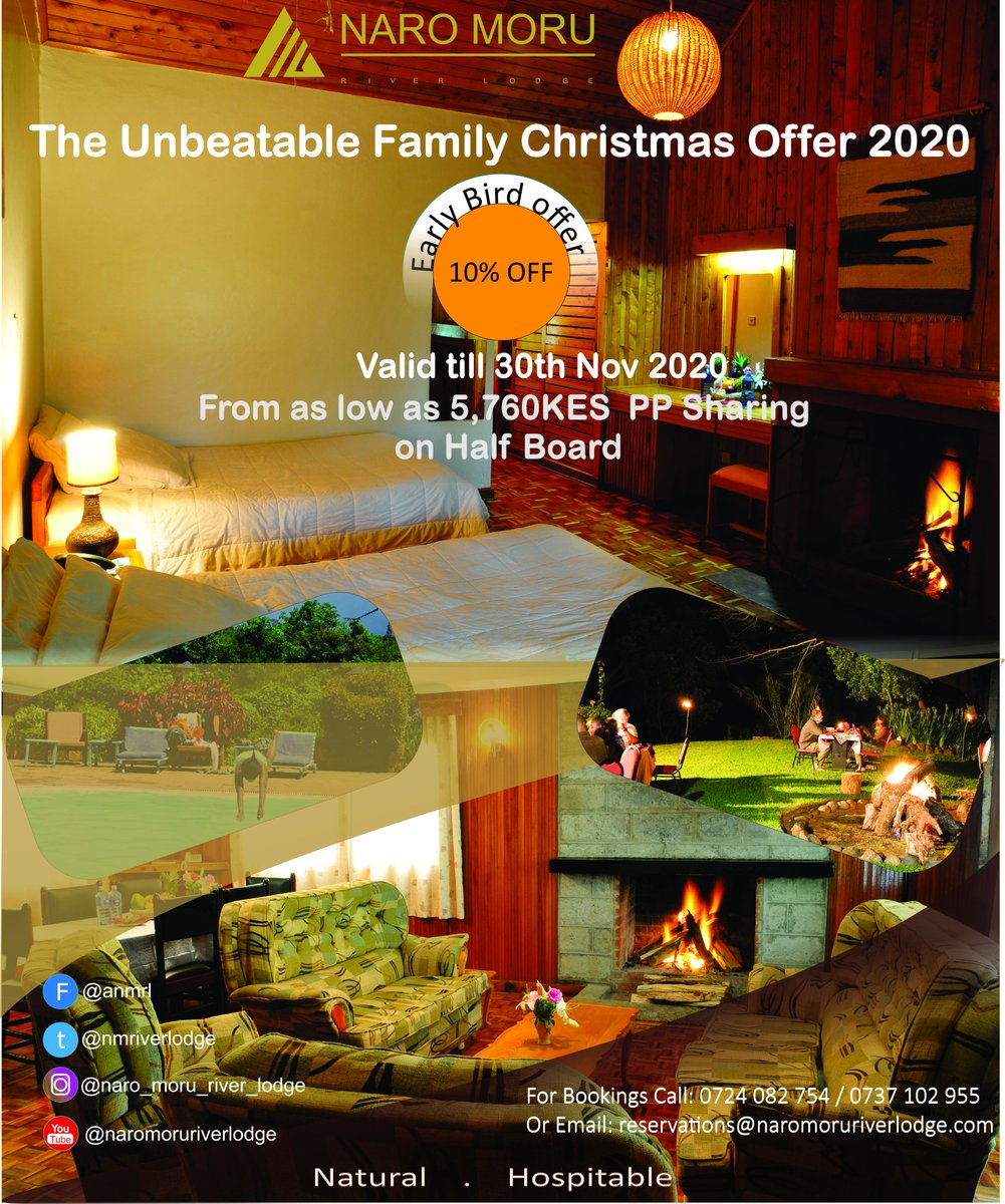 nmriverlodge's tweet photo. Stay with us this Christmas and enjoy our discounted offers from as low as KES. 5,760 per person sharing on half board. Book early by placing your reservation through 0724 082 754 and reservations@naromoruriverlodge.com

#naturalhospitable #festive #accommodation #staysafe https://t.co/SiUQzeaA76
