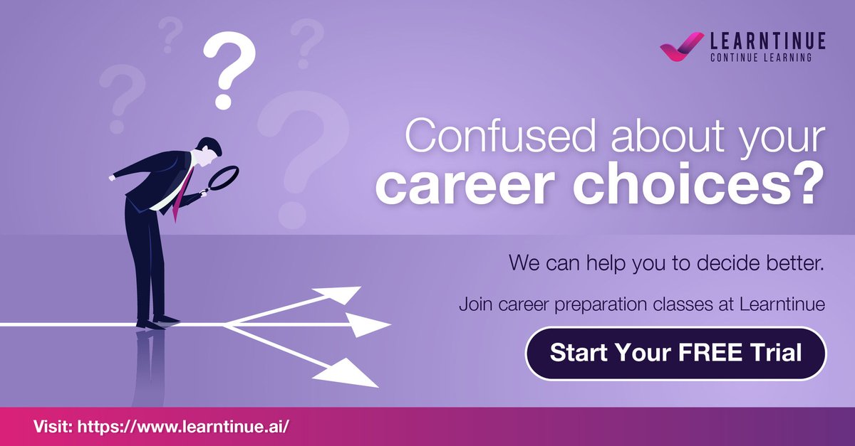 learntinue's tweet photo. With thousands of options, how will you choose a career that's right for you? We can help you make smart career choices which will lead you to your dream career. Join FREE trial class today! Register here: https://t.co/FXOzcVdNlw 
#careerdevelopment #careergoals #careeradvice https://t.co/qSHI892Cne