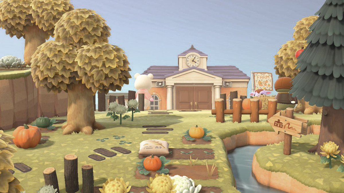 saltspringac's tweet photo. resident services and lolly’s 🍂
— i am utterly obsessed with this area i thought it was a little empty so i added a pumpkin farm on either side of the walkway and it looks so so good i am in love !! https://t.co/MPnx7HHxqk