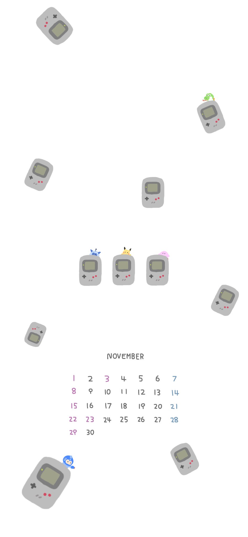 あ お い さ さ み 11月の壁紙カレンダーです 全6ツイートあるので好みのものがあればホーム画面やロック画面に 次どうするかの参考になるのでいいねやリプなどの反応もらえると嬉しいです そのろく わちゃわちゃゲームボーイwith ピカチュウ