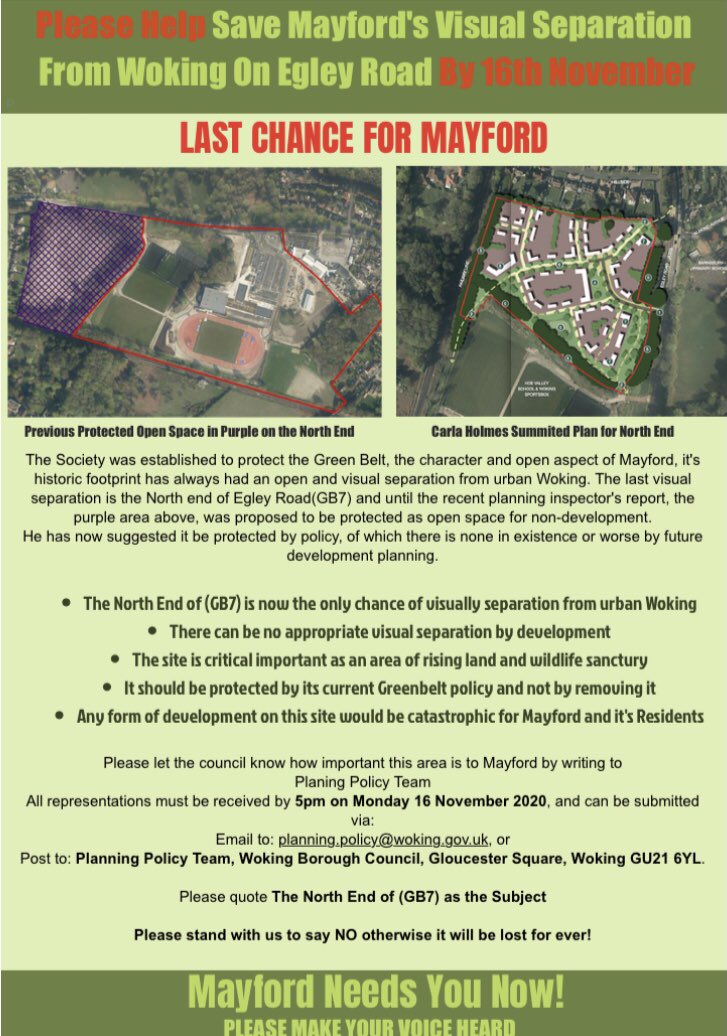 Two weeks left to help save #Mayford’s Visual separation from built up #Woking.Until recently the north of Egley Rd was proposed for open space and non-development. NOW, it’s under threat again. Please show your support, this is the last chance to object by 5pm 16th November!