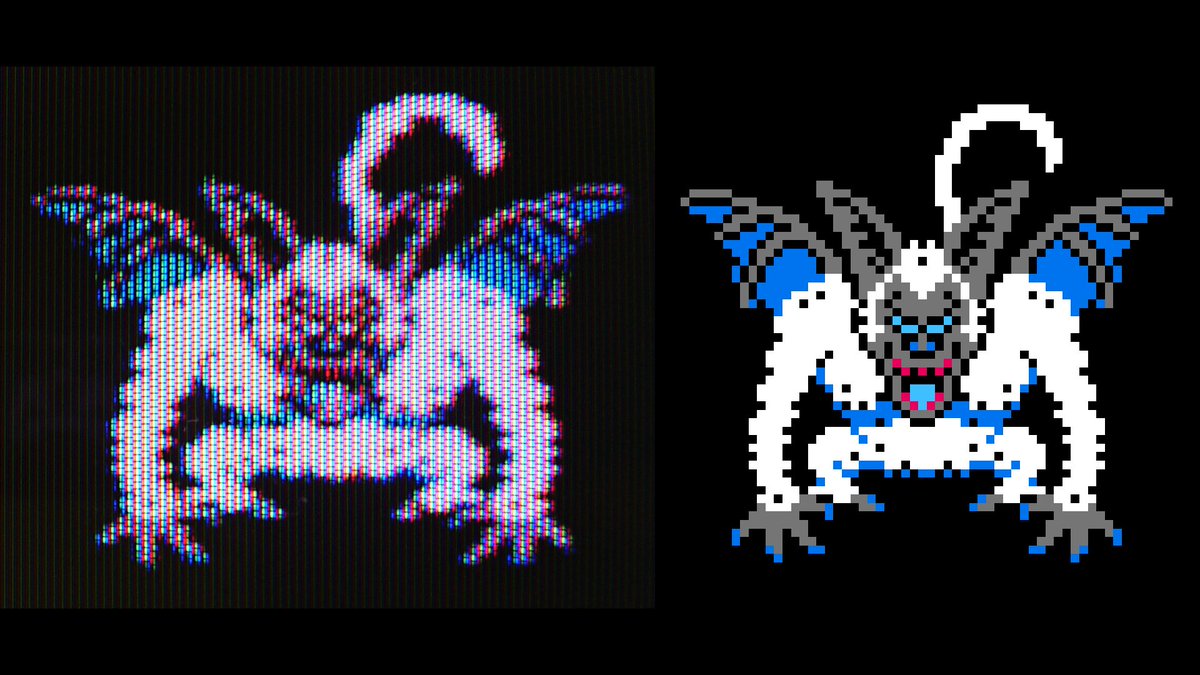 Ruuupu בטוויטר ブラウン管tvで観るドット絵 その13 ファミコン ドラゴンクエスト２ シルバーデビル 使用tv C10 Gl77 10インチ 右側のドット絵の時点で肩幅が広いですが ファミコンの横長ドット表示では更に広くなり 初見ではかなりの威圧感でした そして直後に