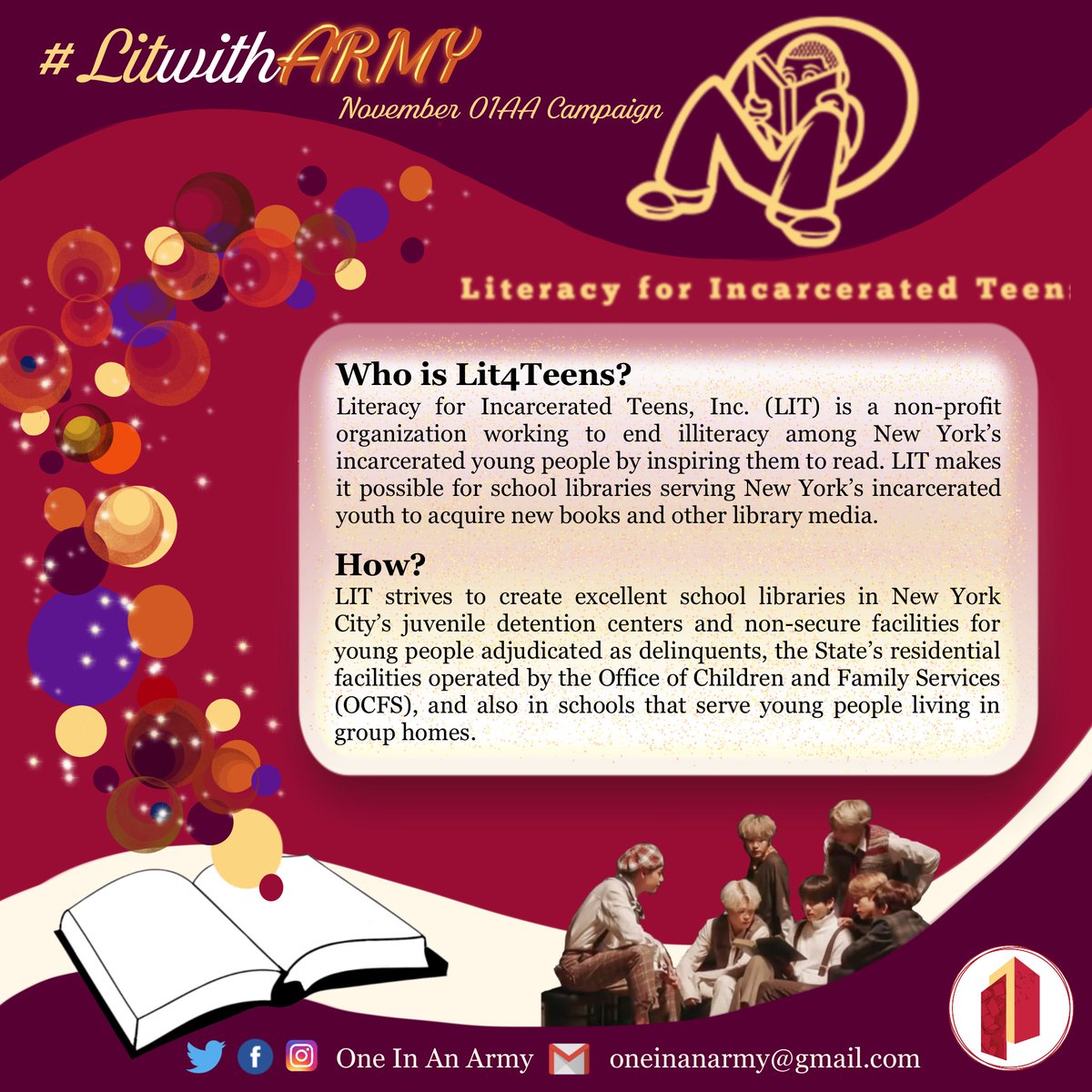 OneInAnARMY's tweet photo. @LIT4Teens aims to improve literacy and provides young people in juvenile justice centers with books &amp; reading materials, as well as coordinates author visits and accompanies peer-directed book discussions.

Donate➡️ https://t.co/cA3uifm69B
Form➡️ https://t.co/uGezzAMUlE https://t.co/lE2N1dFLUR