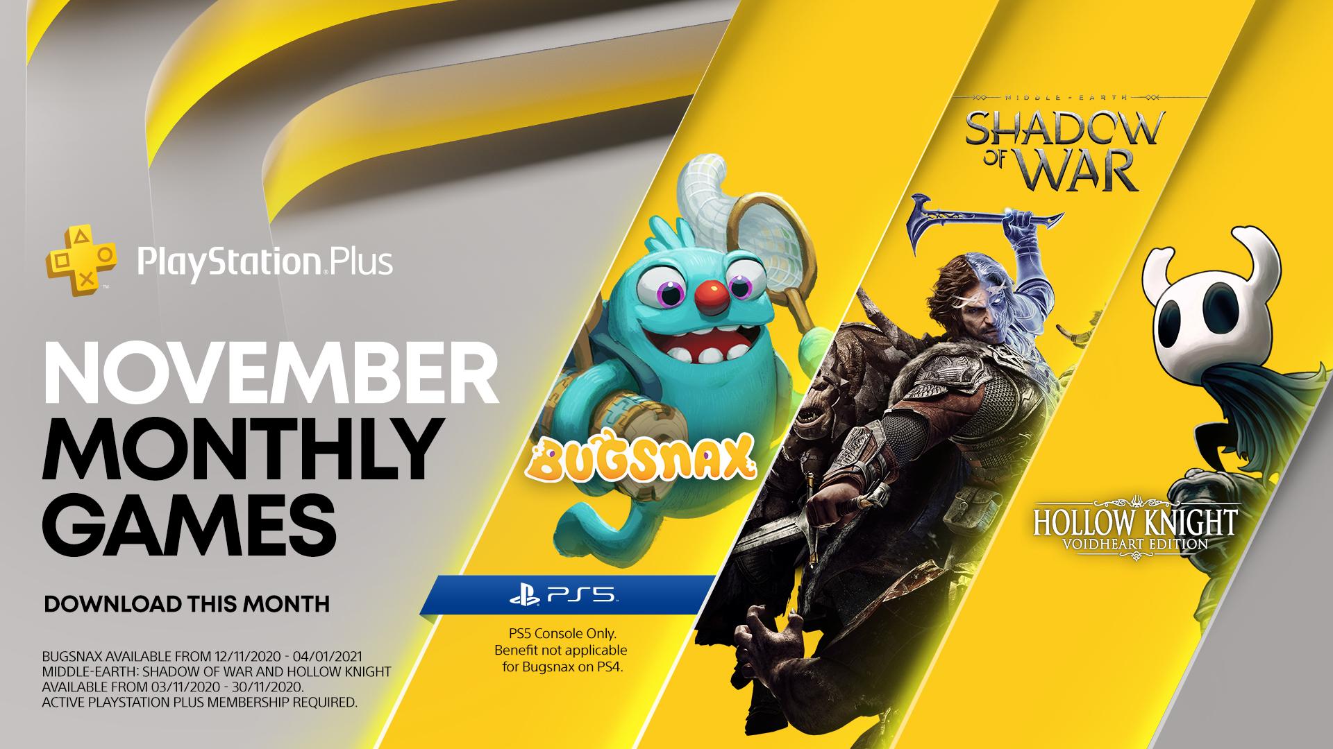 PlayStation Europe on Twitter: "Middle-earth: of War Hollow Knight: Voidheart Edition Bugsnax 🍓 on #PS5 PS Plus games for November have been https://t.co/zBaolvYKPy" / Twitter