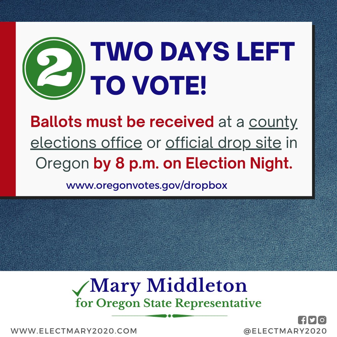 ElectMary2020's tweet photo. Don't delay! You only have TWO DAYS LEFT to return your ballot. Find your nearest drop site here: https://t.co/tOgFJ9uGTm. Vote for Mary Middleton for OR State Rep in HD4. https://t.co/LkKhjz9eGL

#electmary2020 #middletonfordistrict4 #teamruraloregon #orpol #orleg @DemCastOR https://t.co/6Cxukv4EC2