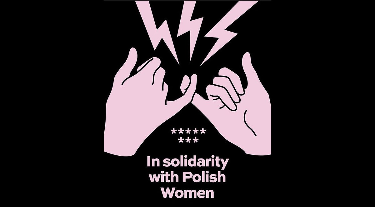Three lightning bolts coming our of two hands with interwinded pinkies. A sign "***** *** In solidarity with Polish Women"