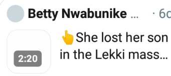 Hello  @betty_nwabunike.Please why did you delete the video of the alleged mother of Anthony you posted here 7 days ago?You said "She lost her son in the Lekki Massacre". Why did you delete it. Was it because she was an impostor & Anthony's mother is in Aba? Can you explain?
