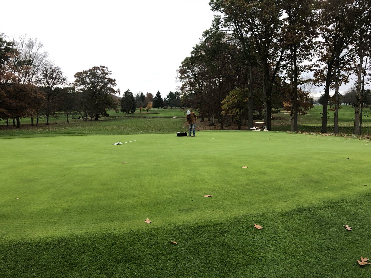 FrostyGolfPA's tweet photo. Mowing, rolling and changing hole locations on greens to go along with some leaf cleanup this morning. Carts back out on the course today. Please avoid low lying areas as we gladly received 3.2โ of rain through the week! #FallGolfatFrosty https://t.co/CQYuE4d4Ua