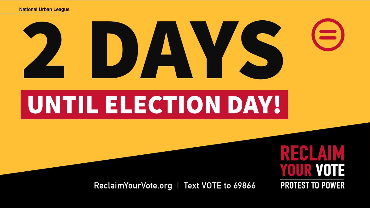 NatUrbanLeague's tweet photo. 🗣The countdown is on! We are TWO days away from Election Day!  

🚨 Stay in the know regarding deadlines and election information in your area and get updates sent directly to your device by texting VOTE to 69886.

 #ReclaimYourVote https://t.co/FKQ8WtuKT8