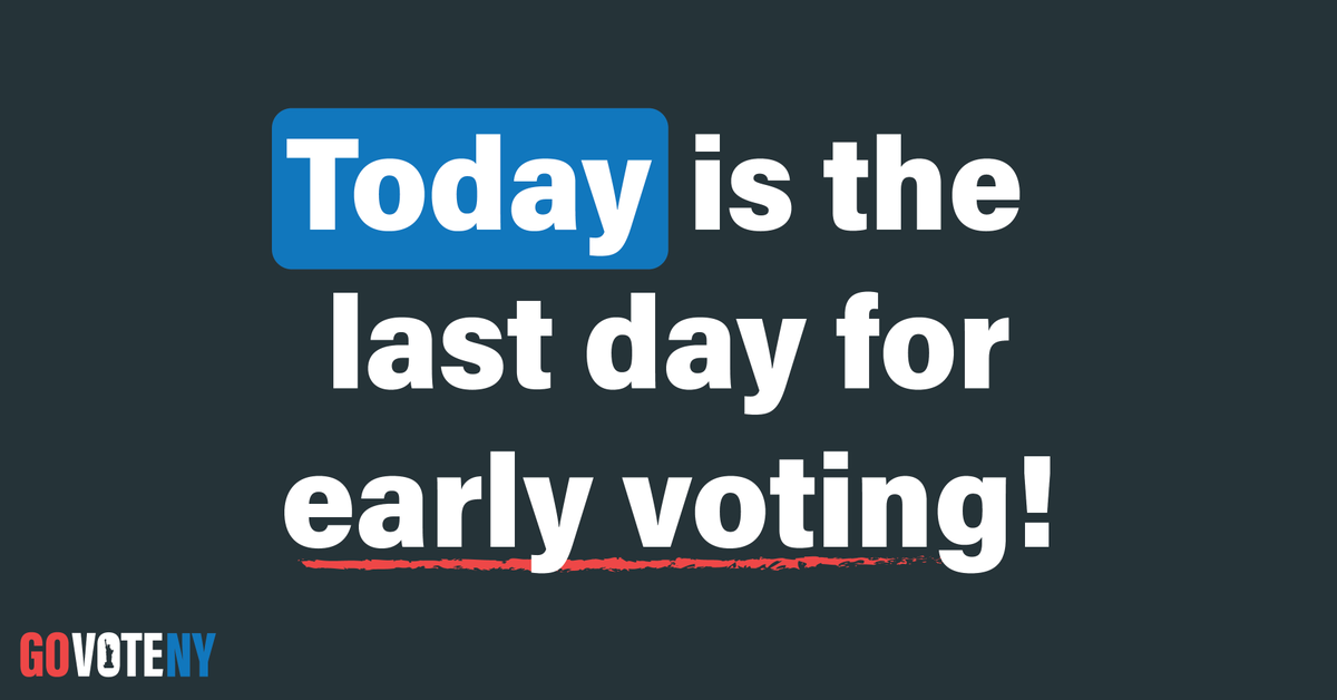 NYGovCuomo's tweet photo. Today is the LAST day of Early Voting. 

Find your polling place here: https://t.co/GyJRqXY80L 

#GoVoteNY https://t.co/xrm3iz0erl