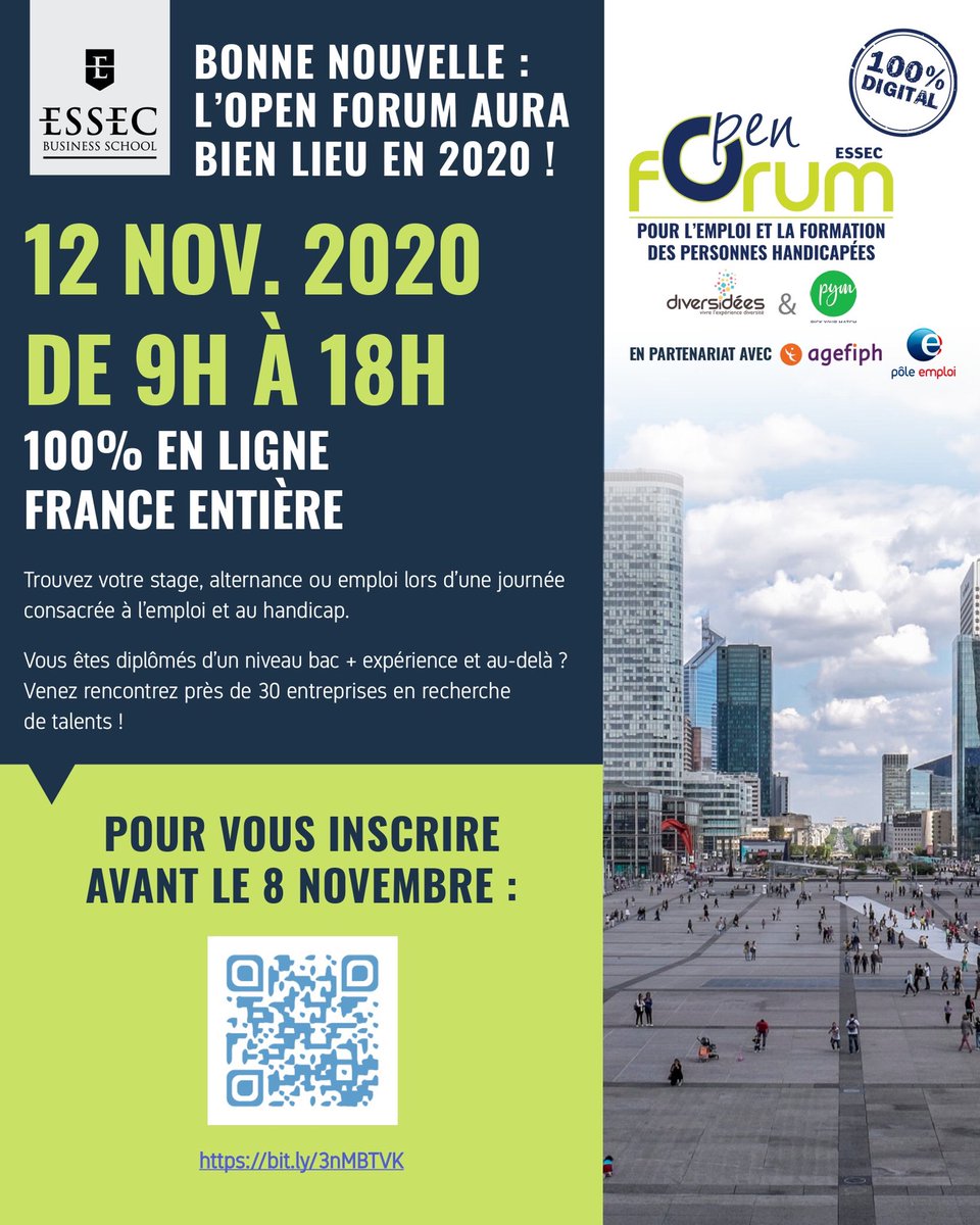 ElisaForget's tweet photo. L’OPEN Forum @ESSEC revient le 12 Novembre 100% en ligne Un moment privilégié pr tt candidat en situation de handicap de rencontrer des recruteurs handi engagés trouver un stage signer une alternance décrocher un emploi Inscription :👇🏽
https://t.co/fj9bHdOTV1
#hanbition https://t.co/wvwrN1bx6w