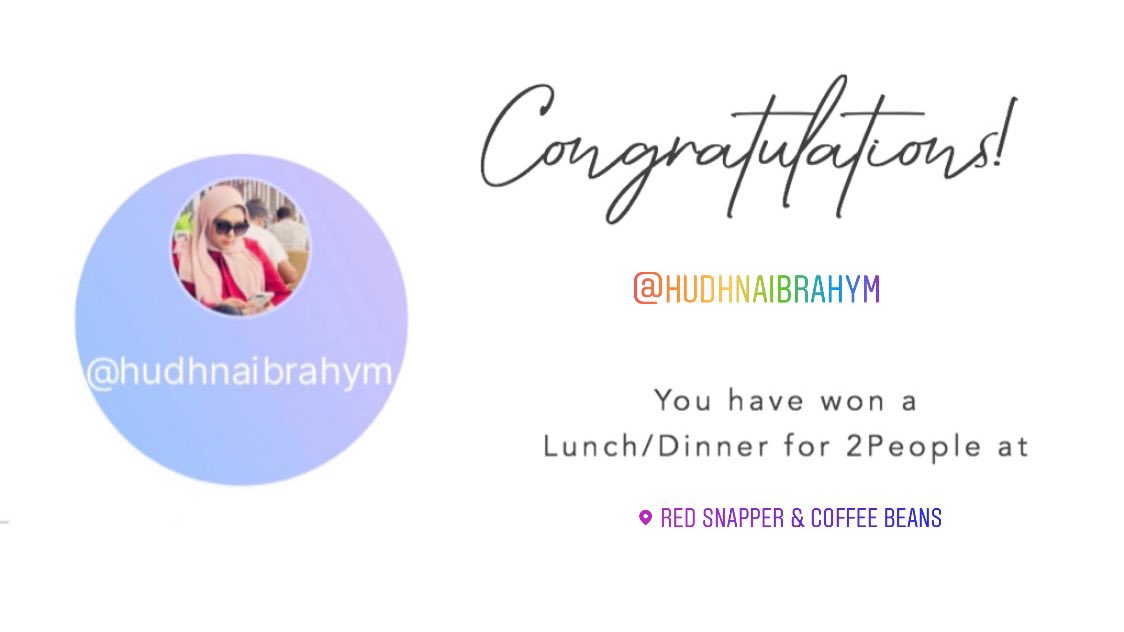 RedSnapperMV's tweet photo. Congratulations @hudhna on winning our Instagram giveaway! Our team is very excited for you! 😊💃🏼🎉 https://t.co/8R4D5bn7LN