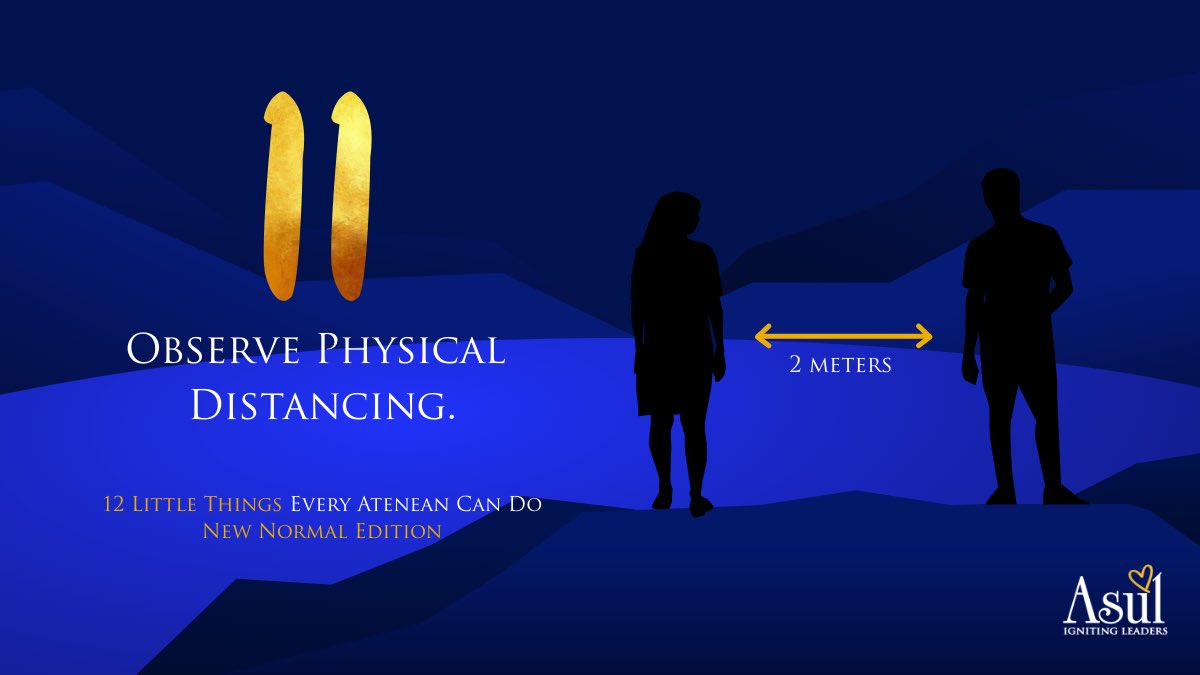 ateneoleaders's tweet photo. Following all these safety precautions don’t mean a thing if you don’t also observe physical distancing.

Put your safety and the safety of the people around you first by making sure to stand an arm or so away from them, even when talking. 

#ASUL12
#VentureIntoNewDiscoveries https://t.co/OEHUlGhpVc