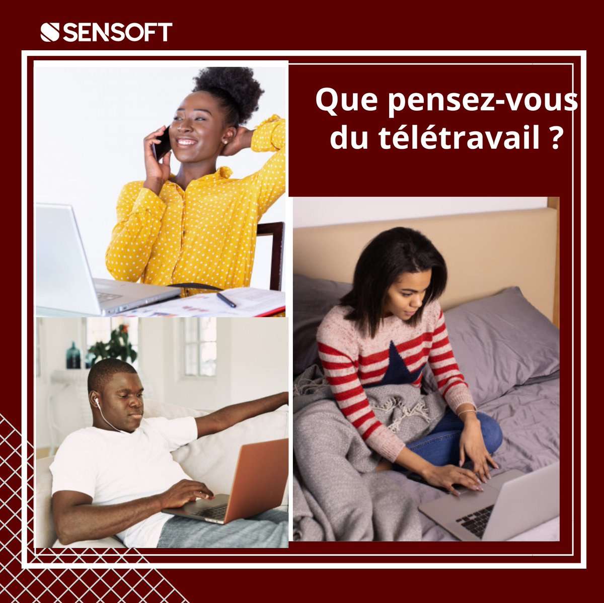 SensoftS's tweet photo. #QuizDuDimanche
Que pensez-vous du télétravail ? Etes-vous pour ou contre. Quelle que soit votre réponse dites-nous le pourquoi ? #Sensoft #Quiz https://t.co/bbD9PuAIL3