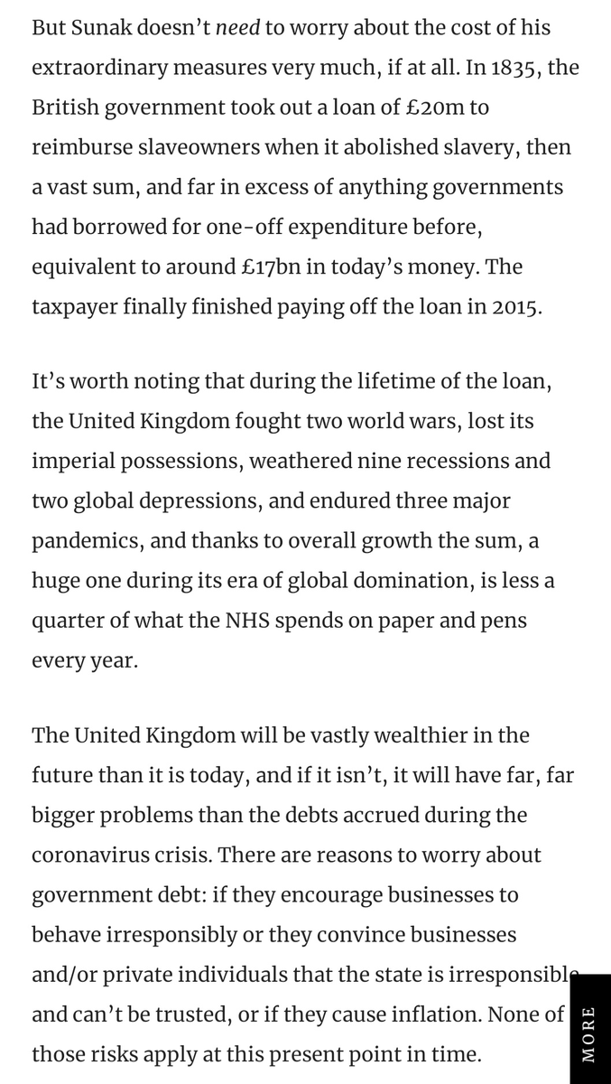 The enormous cost (£20 million) to slave-owners (not the slaves) in 1835 was 5% of GDP and 40% of national income. That is calculated as £17 billion in today's money, but that was paid off over 180 years