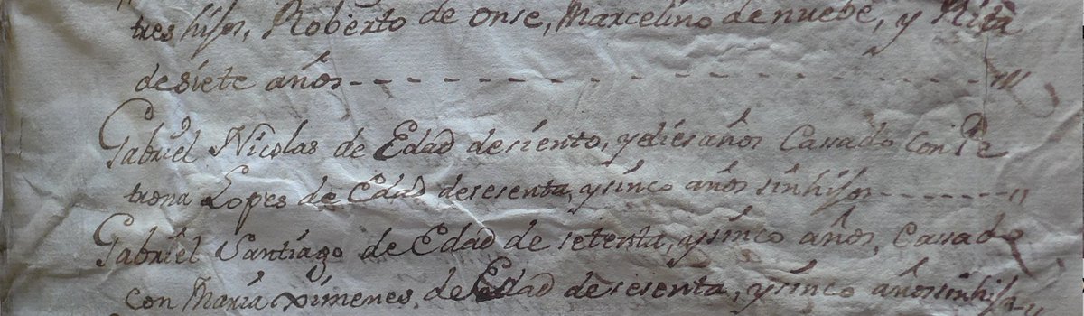 Mundane records recycled to make diff. parts of books are revealing. This entry in a registry of widowers caught my eye: "Gabriel Nicolas, 110, married to Patrona Lopes, 65, no kids." I wonder if she thought: "the old coot is 45-years older than me; how much longer can he last?"