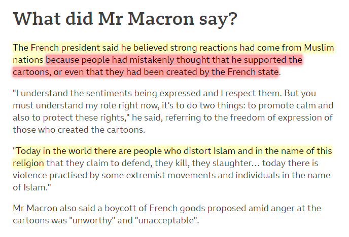 Yet, he thinks 10,000 rebels whose 80% of their victims have been Muslims represent 2 Billion Muslims!Even France's Microbe recently said these groups 'want to distort Islam"  https://www.bbc.com/news/world-europe-54764000Is the BJP party willing to remain standing with France after this? 16/
