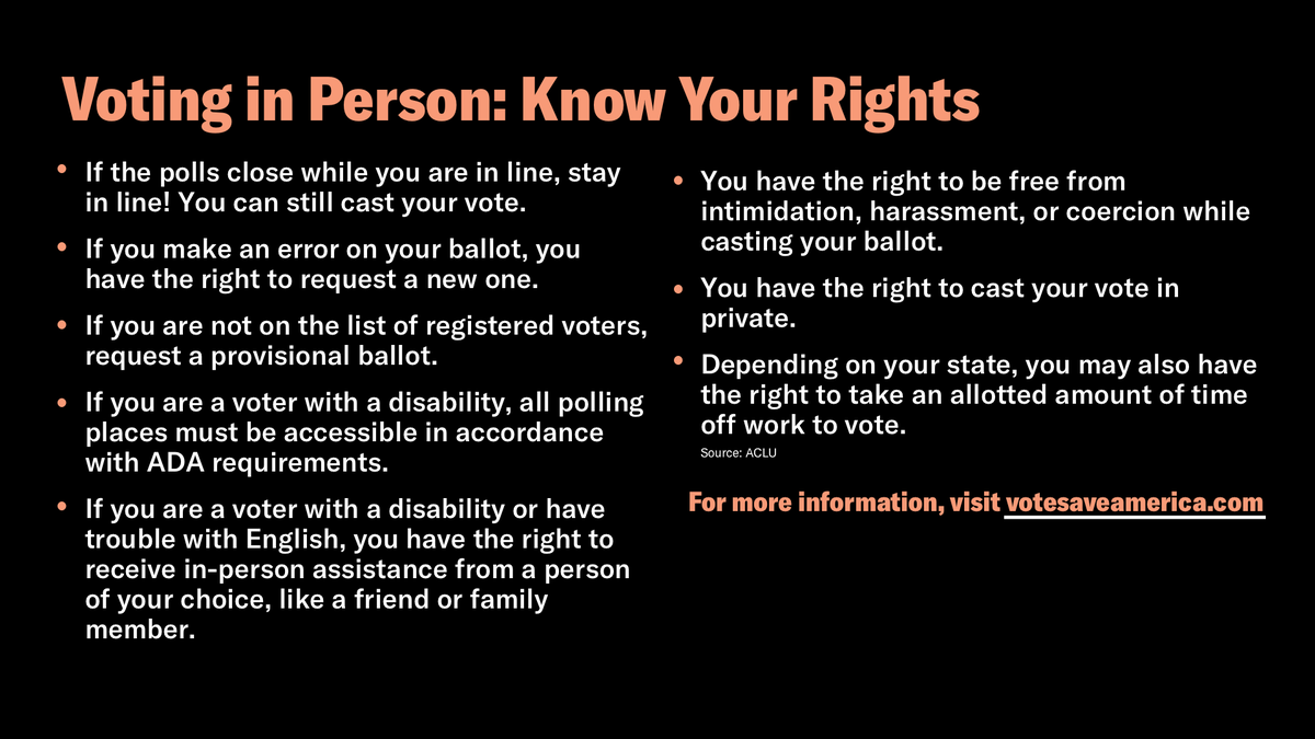 These are your rights when voting in-person. If you're still in line after the time when your polling place is set to close STAY IN LINE, you can still vote.

Know your rights + some dos and don'ts when voting in person 👇 and learn more at votesaveamerica.com