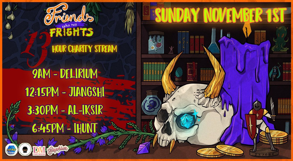 It’s today! Let’s start the month with a few final spooks!

From 9am to 10pm Pacific, we’ll be streaming some chilling oneshots and doing a ton of giveaways provided by <a href="/DiceEnvy/">Dice Envy</a>, @nicholasmasyk, @daniyogani, and @StitchedByAras! Let’s raise money for <a href="/RAINN/">RAINN</a> and @EarthDayNetwork!