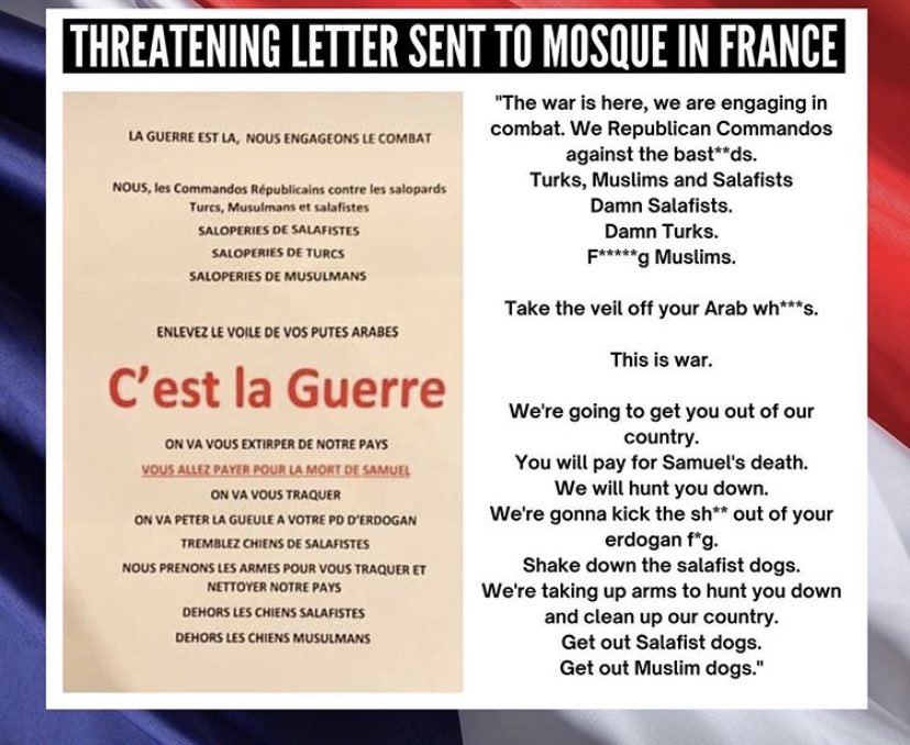 A threatening letter was sent to a mosque in Vernon district, Northern France through the mailbox.The letter included death threats & insulting messages aimed towards Muslims such as “take the veil off your Arab wh*res” 