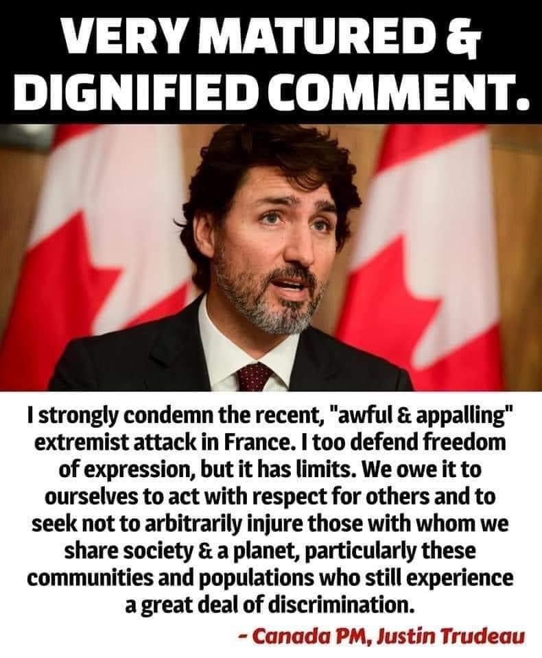 Respect for #MrTrudeau has multiplied... no wonder Canada is sought as one of the best countries in the world!!
#CanadaPM
#ILoveMuhammedSAW
#ICondemnFranceAttacks
#RespectForAllCommunities