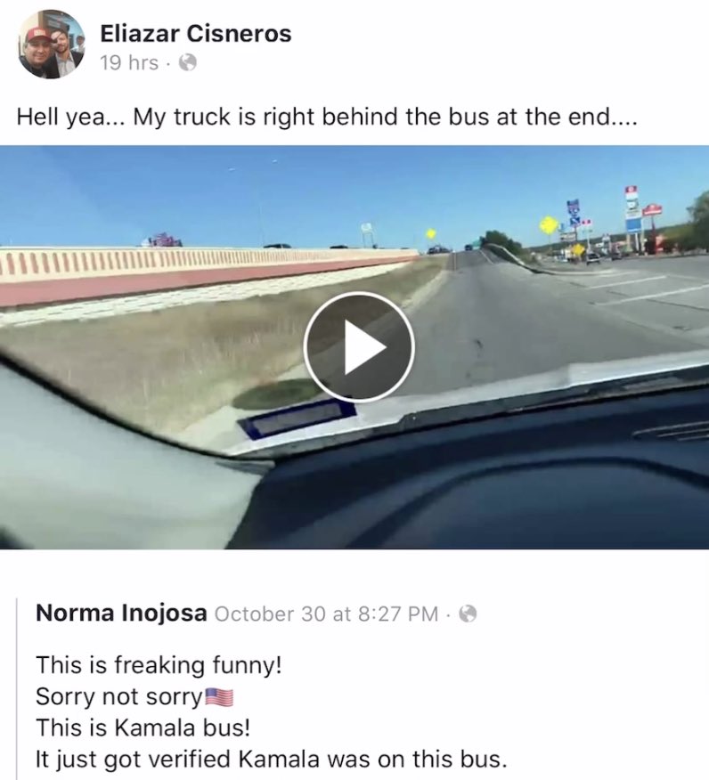 On Facebook, Eliazar Cisneros posted that it was his truck “right behind the bus at the end” of this video.