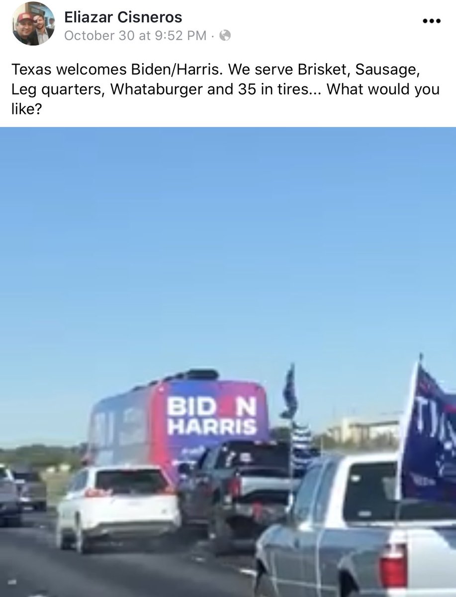 Meet Eliazar Cisneros. Eliazar was the driver who hit a vehicle escorting the Biden/Harris campaign bus with his black truck on a Texas Highway.Eliazar posted that he served tires to the Biden/Harris campaign.