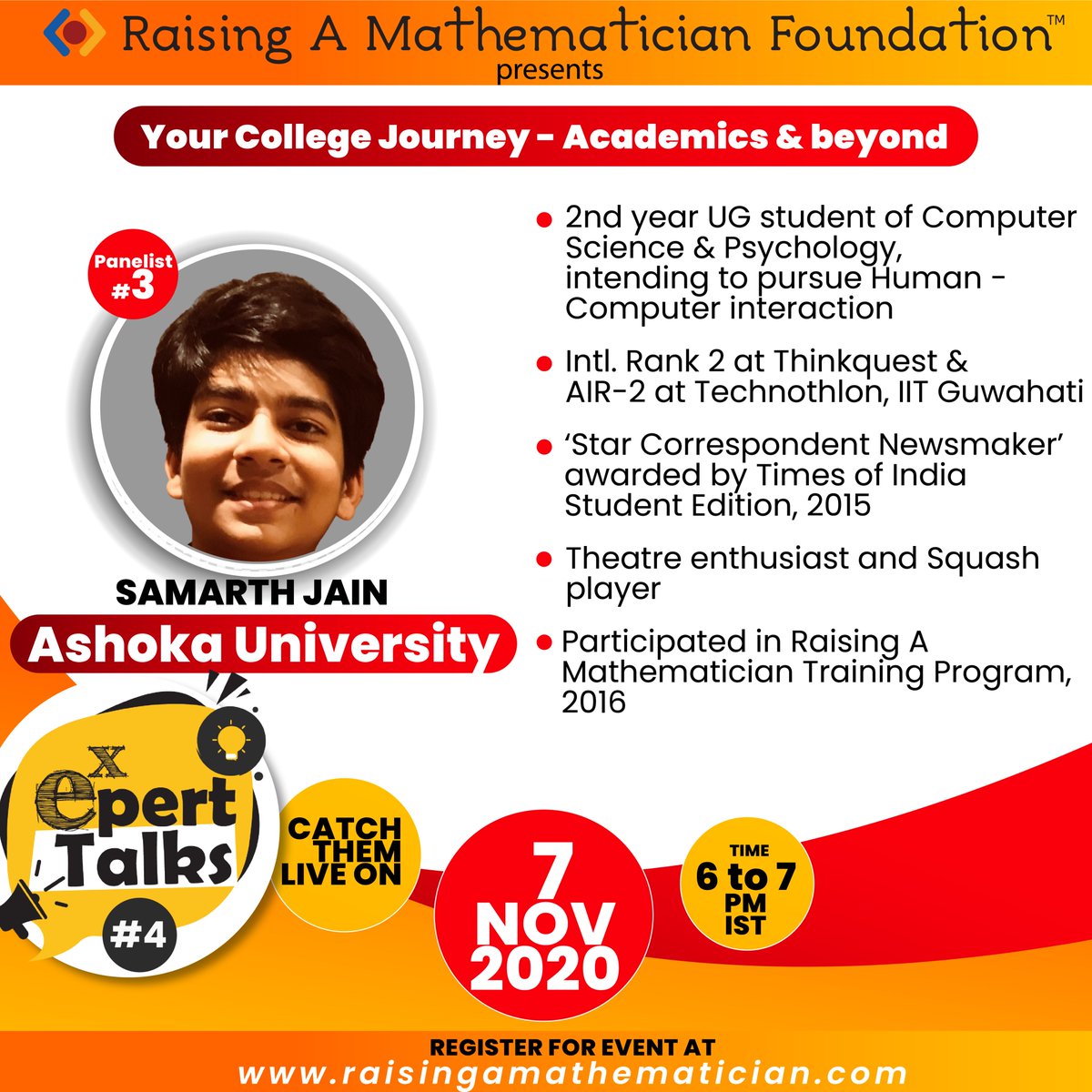 raisingamath's tweet image. Here is our third panelist for 
Expert Talks #4
Your College Journey - Academics and beyond
Register soon at: bit.ly/epowerx
#ExpertTalks
#Epowerx 
#RaisingAMathematician 
#RAMFounation
@IMScChennai
@tifrarnab
@TIFRScience
@HBCSE_TIFR