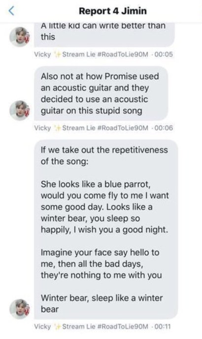 once kmedia called tae "a real genius" and they mocked tae and said he's the dumbest idol.vicky and the gc insulted ta e's song and songwriting so much. she said "a little kid can write better" than winter bear, "what the actual fuck is this," "stupid song"