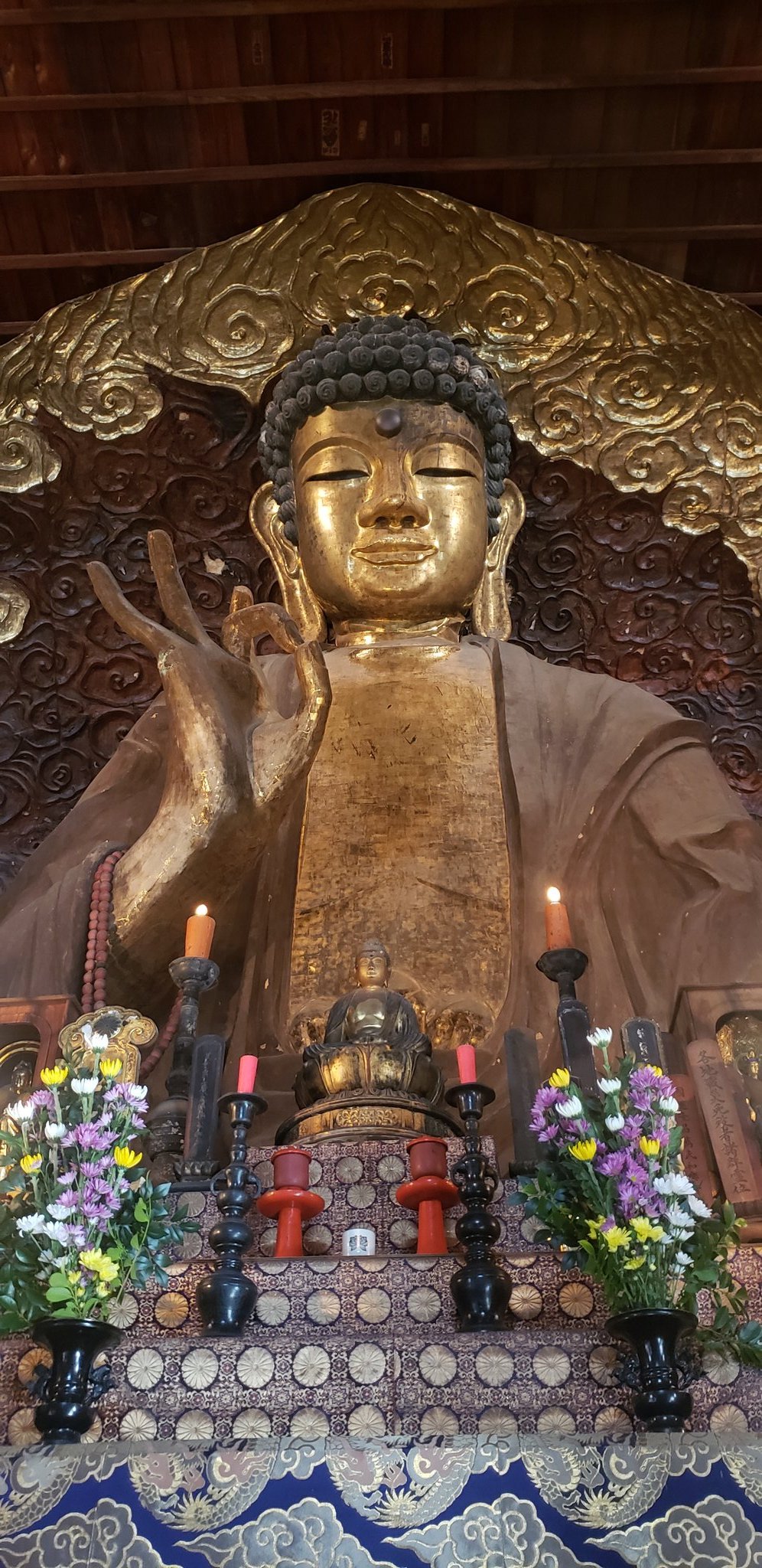 まるちゃん 毎回前を通過するだけだった 岐阜大仏のある正法寺へ かご大仏 とのことで そんなに大したことないんじゃない と思っていたら すごかった 前のめりな大仏様でこちらに迫ってくる感じ 壮観 圧巻 大河ドラマ館に来たら ここにも寄った方