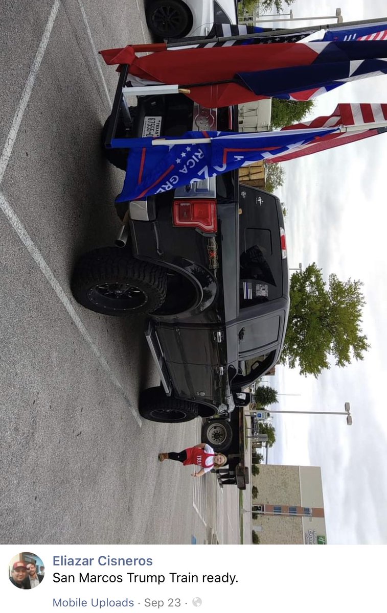 Eliazar Cisneros posted pics of his black truck as part of the Trump train group back in September.This is the same truck that hit the white vehicle and tailgated and terrorized the Biden/Harris bus.