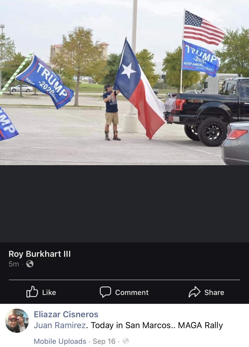 Eliazar Cisneros posted pics of his black truck as part of the Trump train group back in September.This is the same truck that hit the white vehicle and tailgated and terrorized the Biden/Harris bus.