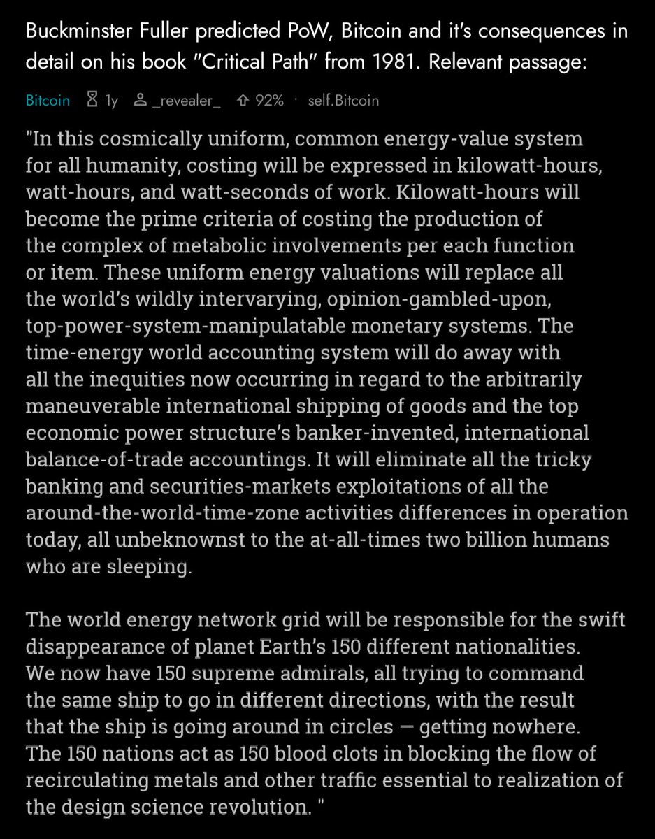 In 1981, Buckminster Fuller predicted a global monetary system based upon  uniform energy valuations to solve the problems of economic empowerment we  faced then & now from fiat currency. #Bitcoin is the