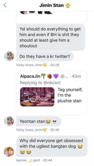 here, vicky says she needs tae's face and grandpa outfit away from jm. the gc even talks bad about harmless yeontan cause it's not jimin's dog.