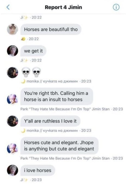 and calling him a horse is insult to horses. they also said his dance is trash, horrible and bad and he's bh's and son sungdeuk's fave and mocked praises for him. "JIMIN STAN: in the screenshot is aly  @BUSANBOY___TWT. she’s so loud in calling out other accs a lot but she bashes