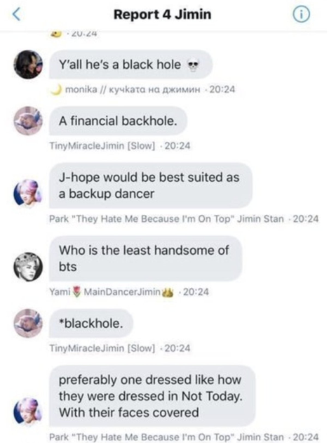 and calling him a horse is insult to horses. they also said his dance is trash, horrible and bad and he's bh's and son sungdeuk's fave and mocked praises for him. "JIMIN STAN: in the screenshot is aly  @BUSANBOY___TWT. she’s so loud in calling out other accs a lot but she bashes