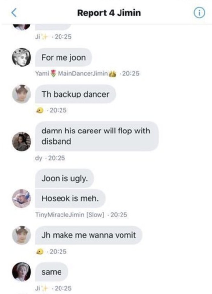 and calling him a horse is insult to horses. they also said his dance is trash, horrible and bad and he's bh's and son sungdeuk's fave and mocked praises for him. "JIMIN STAN: in the screenshot is aly  @BUSANBOY___TWT. she’s so loud in calling out other accs a lot but she bashes