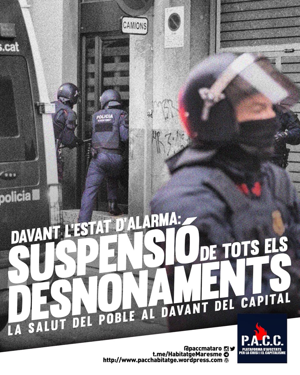 🔴 EXIGIM al <a href="/govern/">Govern de Catalunya</a> <a href="/perearagones/">Pere Aragonès i Garcia</a> <a href="/desdelamoncloa/">La Moncloa</a> <a href="/sanchezcastejon/">Pedro Sánchez</a> <a href="/PabloIglesias/">Pablo Iglesias 🔻{R}</a> que aturin TOTS els desnonaments. 
La salut del poble per davant del capital! #StopDeshaucios #stopdesnonaments #Mataró