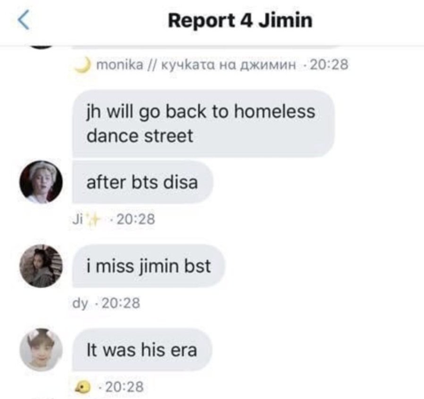 the members and says worse things in gcs. the gc mocked hobi has a nonexistent career and will be homeless after bts disbands. they said n j always looks ugly. they kept saying j h as having an ugly personality and said he’s jealous.