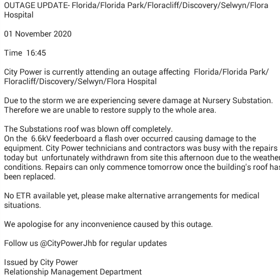 Citypowerjhb On Twitter Outageupdate Roodepoort Roodepoort Outage Update See Attached For More Information Nn