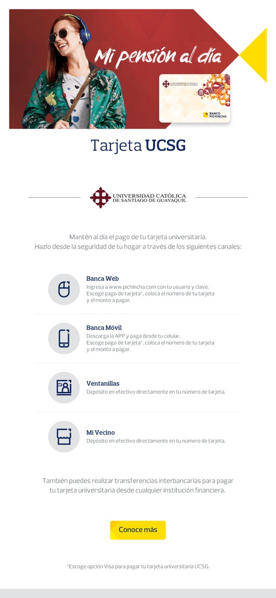 ucatolicagye's tweet photo. #Estudiantes #UCSG
¿Cómo pagar tu tarjeta universitaria?
🔸Banca web: ingresa a https://t.co/iLKooOb3RK
🔸Banca móvil: descarga la APP y paga desde tu celular:
🔸Transferencia interbancaria:
🔸Ventanilla / Mi vecino:
🔎Más información https://t.co/FeAm72x4ta https://t.co/pOM2yt1m8D
