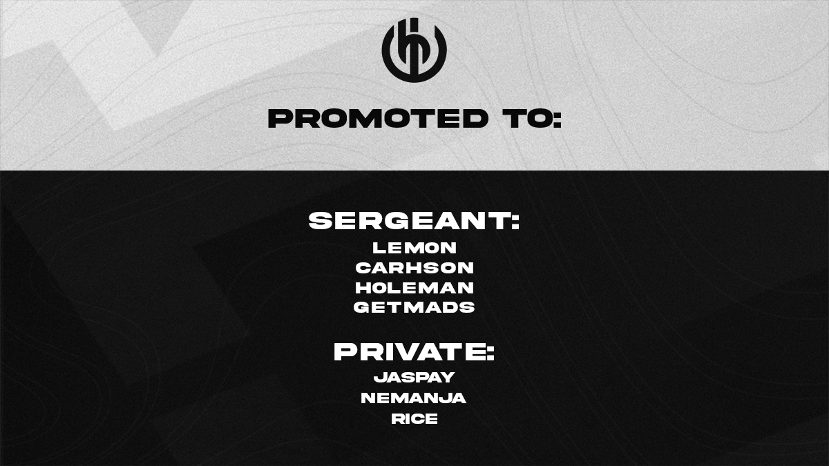 HypeWGuild's tweet photo. We are happy to announce you our new Privates &amp; Sergeants!

PRIVATES:

Nemanja 
Jaspay
Rice

SERGEANTS:

Lem0n
Holeman
GetMads 

#HypeW https://t.co/bXvSM0svcj
