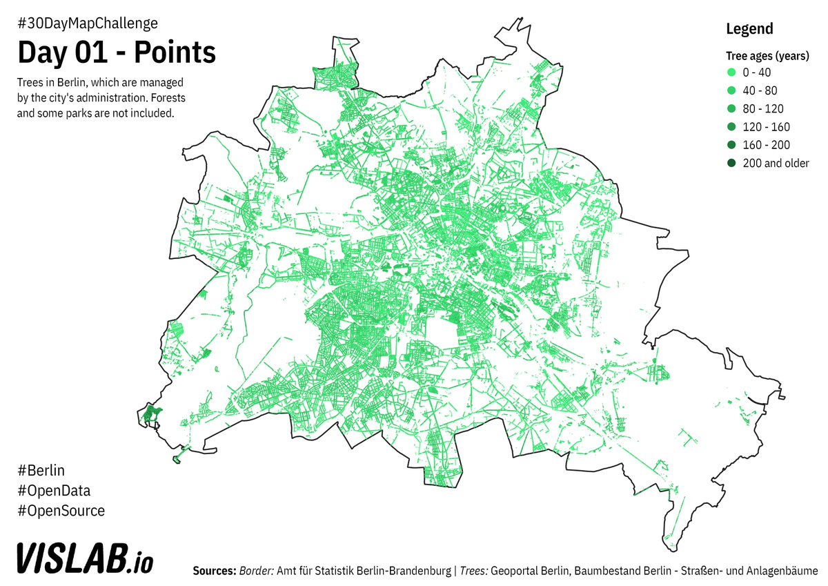 For this year's  #30DayMapChallenge i will be trying to create 30 maps on  #Berlin just using  #OpenData and  #OpenSource software. For day 01 - Polygons, a map of all of Berlin's street trees.  #QGIS Source:  https://github.com/sebastian-meier/ThirtyDayMapChallenge2020/tree/main/maps/01
